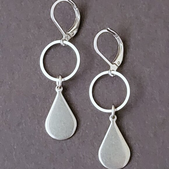 TEARDROP Circle Stainless Steel Lever Back Earrings Minimalist - Picture 6 of 14